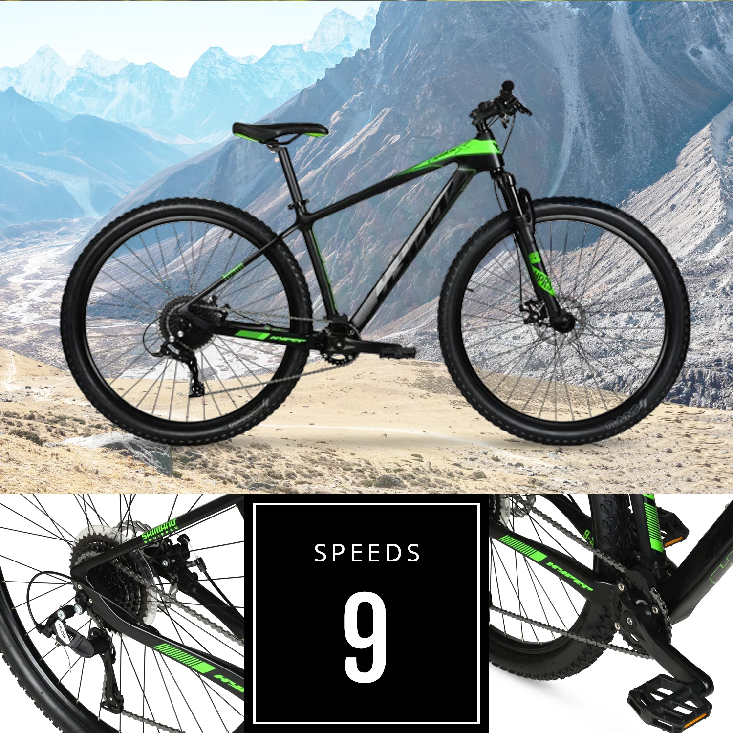 29" Hyper Carbon Fiber Mountain Bike, Black/Green, Adults Age 13+
